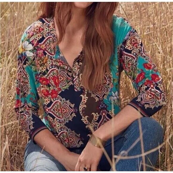 Johnny Was Indi Flower Long Sleeve Henley T Shirt Size 2XS XXS - Picture 1 of 12